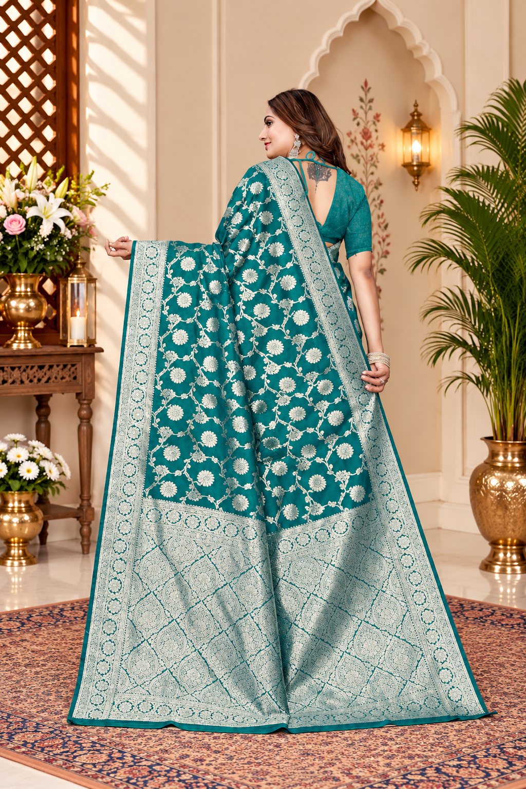 Owl Sky Women's Kanjivaram Soft Lichi Silk Saree with Silver Zari Floral Weave | With Unstiched Blouse Piece | Elegant Lightweight Indian Ethnic Sari | Morpankhi Blue