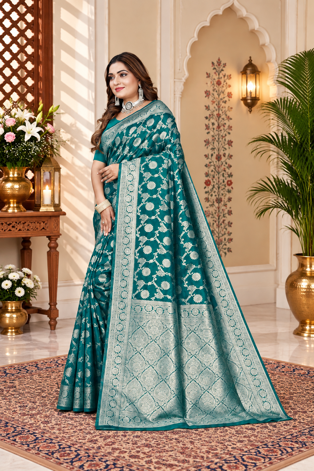 Owl Sky Women's Kanjivaram Soft Lichi Silk Saree with Silver Zari Floral Weave | With Unstiched Blouse Piece | Elegant Lightweight Indian Ethnic Sari | Morpankhi Blue