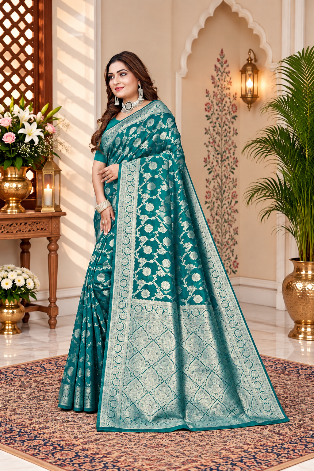 Owl Sky Women's Kanjivaram Soft Lichi Silk Saree with Silver Zari Floral Weave | With Unstiched Blouse Piece | Elegant Lightweight Indian Ethnic Sari | Morpankhi Blue