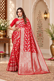 Owl Sky Women's Kanjivaram Soft Lichi Silk Saree with Silver Zari Floral Weave | With Unstiched Blouse Piece | Elegant Lightweight Indian Ethnic Sari | Red