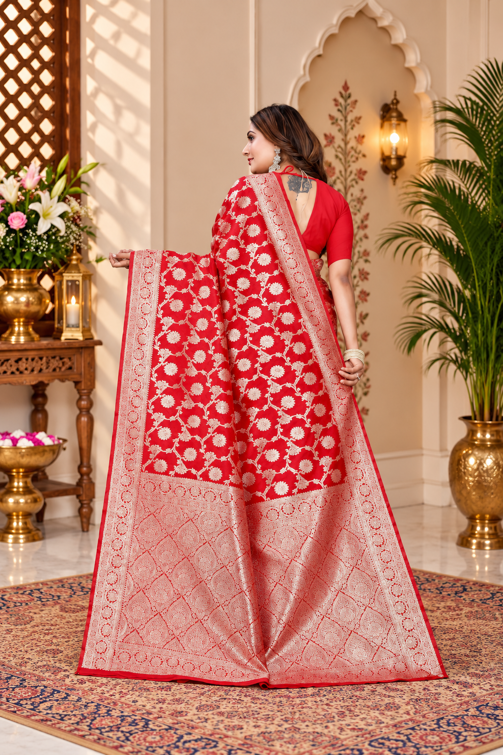 Owl Sky Women's Kanjivaram Soft Lichi Silk Saree with Silver Zari Floral Weave | With Unstiched Blouse Piece | Elegant Lightweight Indian Ethnic Sari | Red