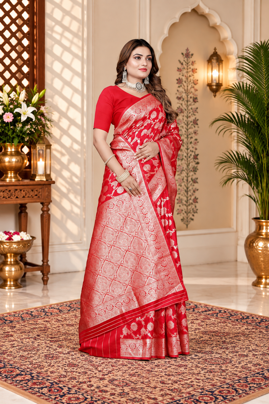 Owl Sky Women's Kanjivaram Soft Lichi Silk Saree with Silver Zari Floral Weave | With Unstiched Blouse Piece | Elegant Lightweight Indian Ethnic Sari | Red