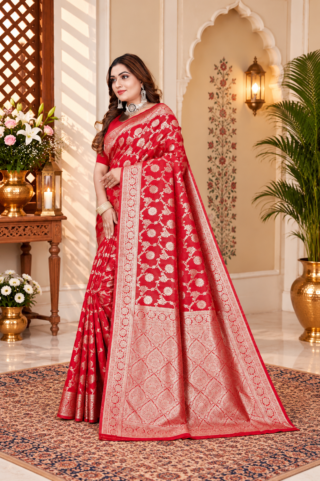 Owl Sky Women's Kanjivaram Soft Lichi Silk Saree with Silver Zari Floral Weave | With Unstiched Blouse Piece | Elegant Lightweight Indian Ethnic Sari | Red