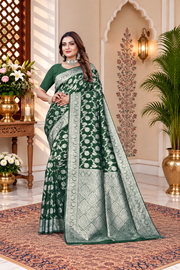 Owl Sky Women's Kanjivaram Soft Lichi Silk Saree with Silver Zari Floral Weave | With Unstiched Blouse Piece | Elegant Lightweight Indian Ethnic Sari | Bottle Green
