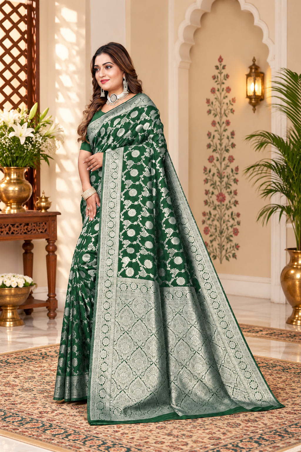 Owl Sky Women's Kanjivaram Soft Lichi Silk Saree with Silver Zari Floral Weave | With Unstiched Blouse Piece | Elegant Lightweight Indian Ethnic Sari | Bottle Green