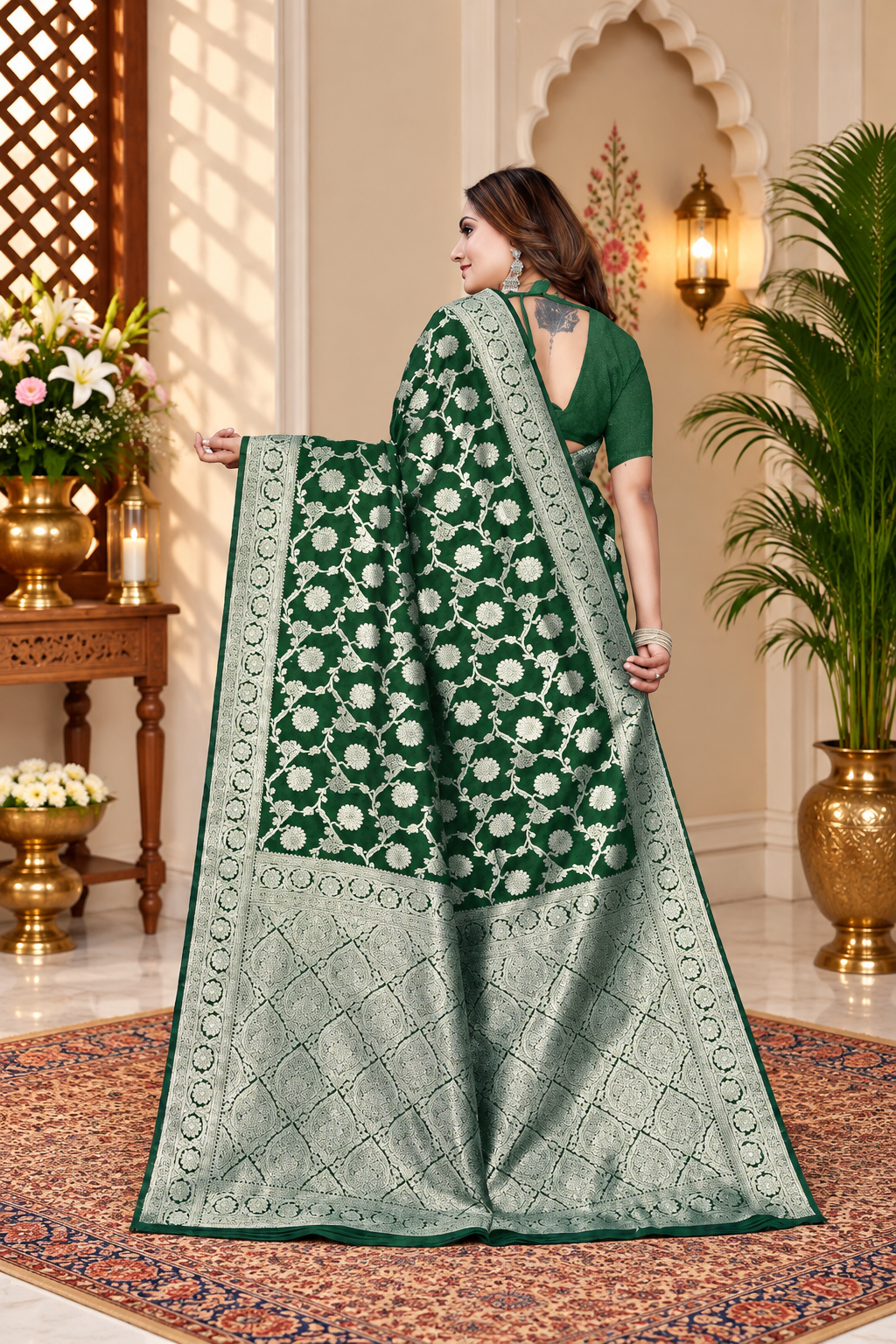 Owl Sky Women's Kanjivaram Soft Lichi Silk Saree with Silver Zari Floral Weave | With Unstiched Blouse Piece | Elegant Lightweight Indian Ethnic Sari | Bottle Green