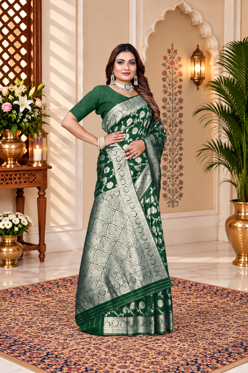 Owl Sky Women's Kanjivaram Soft Lichi Silk Saree with Silver Zari Floral Weave | With Unstiched Blouse Piece | Elegant Lightweight Indian Ethnic Sari | Bottle Green