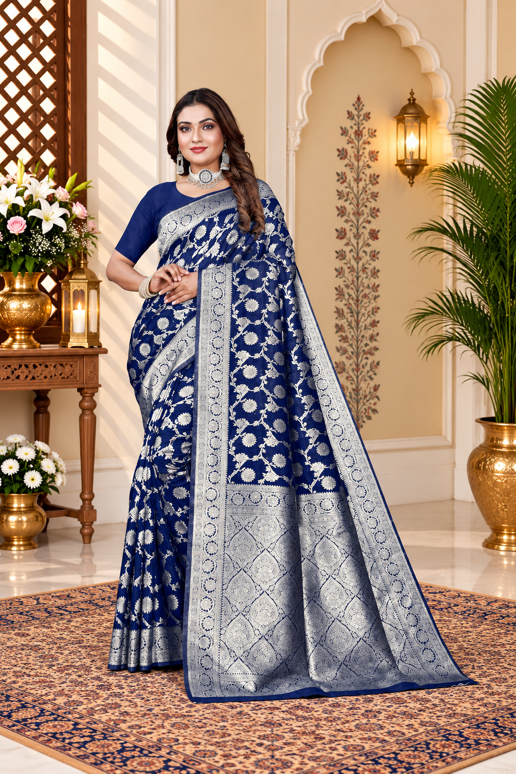 Owl Sky Women's Kanjivaram Soft Lichi Silk Saree with Silver Zari Floral Weave | With Unstiched Blouse Piece | Elegant Lightweight Indian Ethnic Sari | Royal Blue