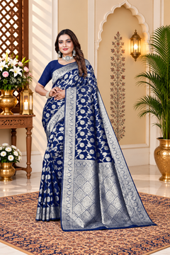 Owl Sky Women's Kanjivaram Soft Lichi Silk Saree with Silver Zari Floral Weave | With Unstiched Blouse Piece | Elegant Lightweight Indian Ethnic Sari | Royal Blue
