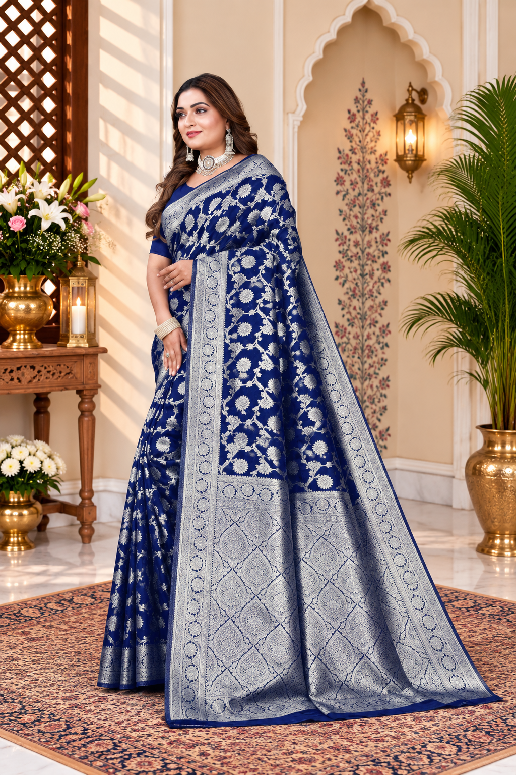 Owl Sky Women's Kanjivaram Soft Lichi Silk Saree with Silver Zari Floral Weave | With Unstiched Blouse Piece | Elegant Lightweight Indian Ethnic Sari | Royal Blue