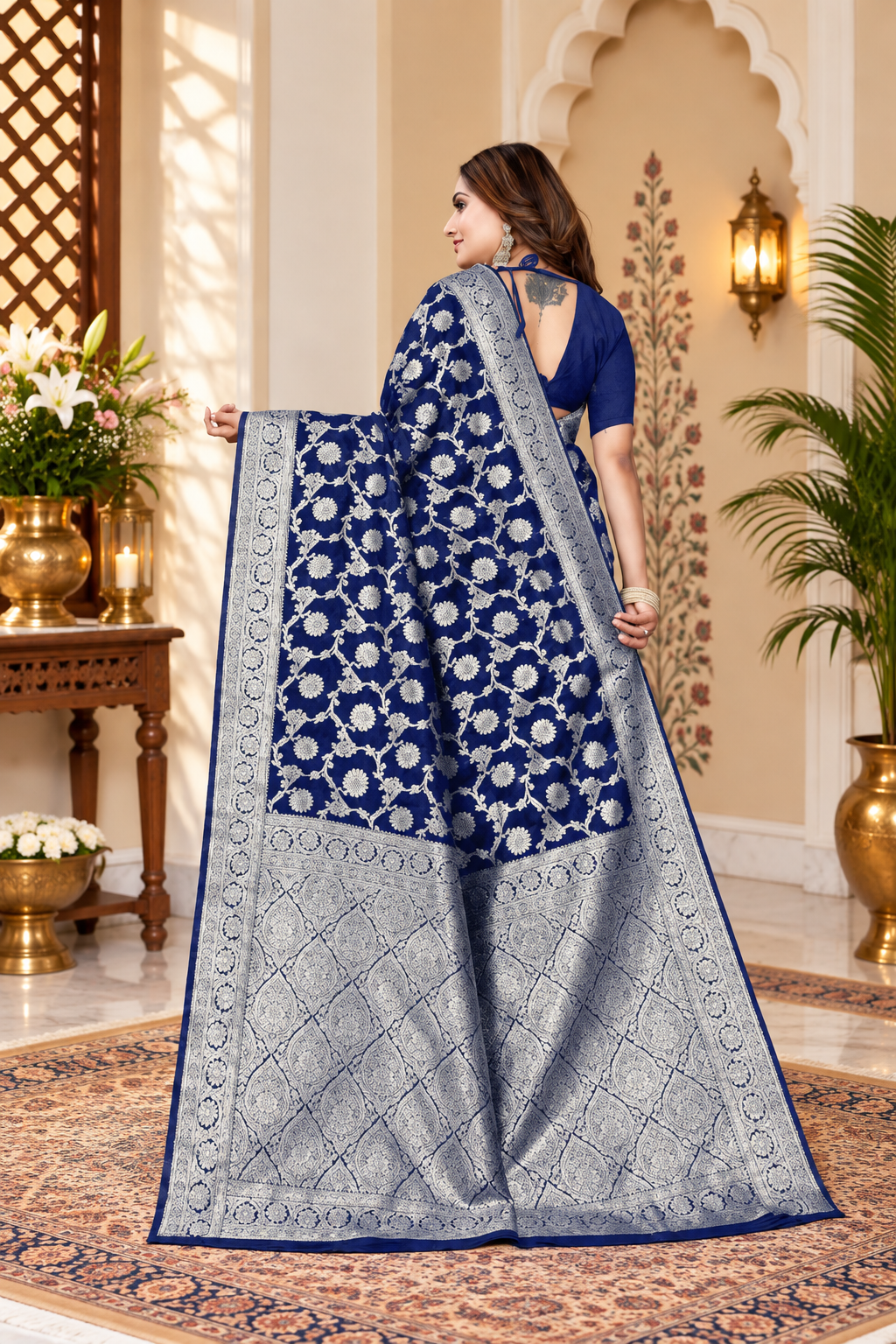 Owl Sky Women's Kanjivaram Soft Lichi Silk Saree with Silver Zari Floral Weave | With Unstiched Blouse Piece | Elegant Lightweight Indian Ethnic Sari | Royal Blue