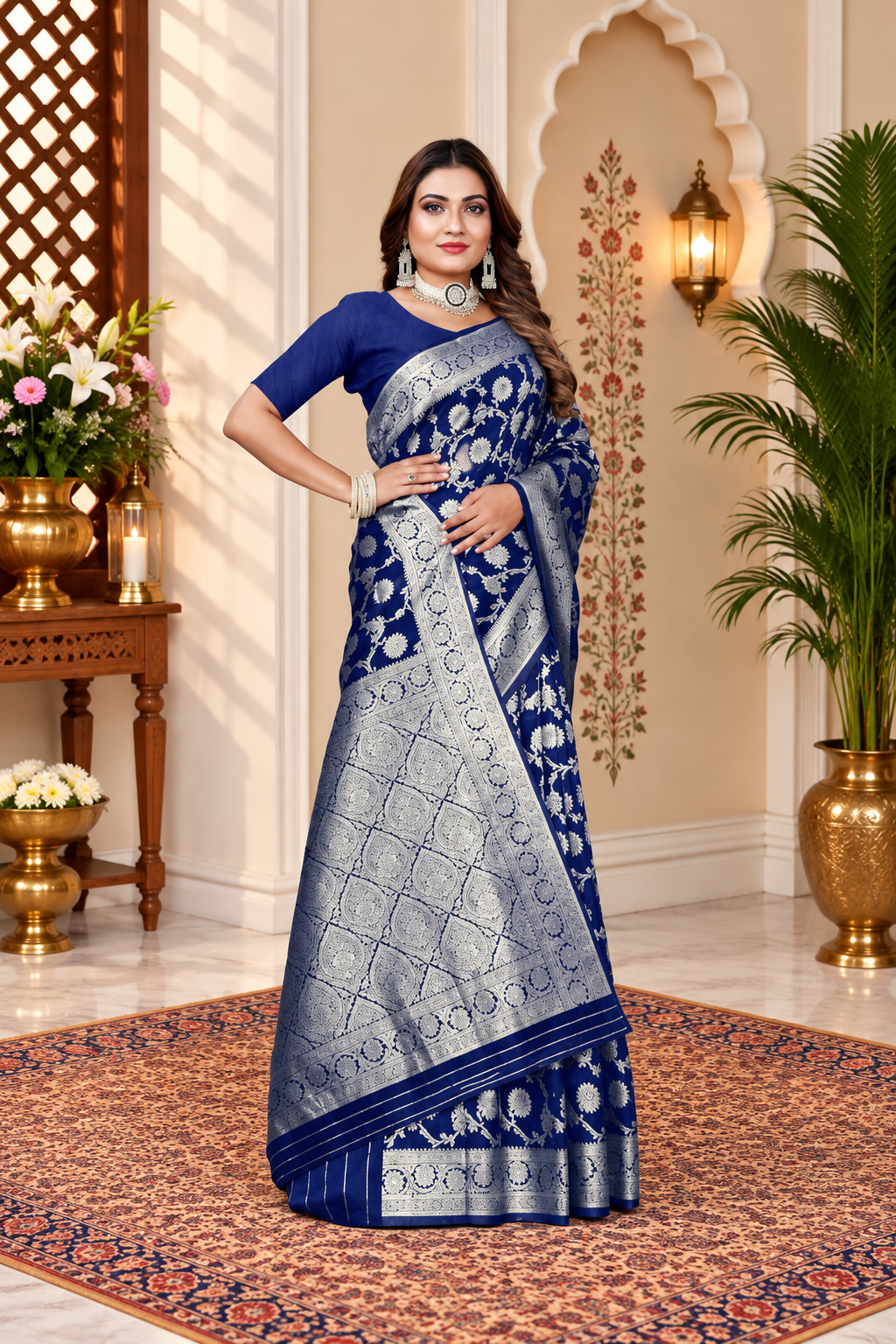 Owl Sky Women's Kanjivaram Soft Lichi Silk Saree with Silver Zari Floral Weave | With Unstiched Blouse Piece | Elegant Lightweight Indian Ethnic Sari | Royal Blue