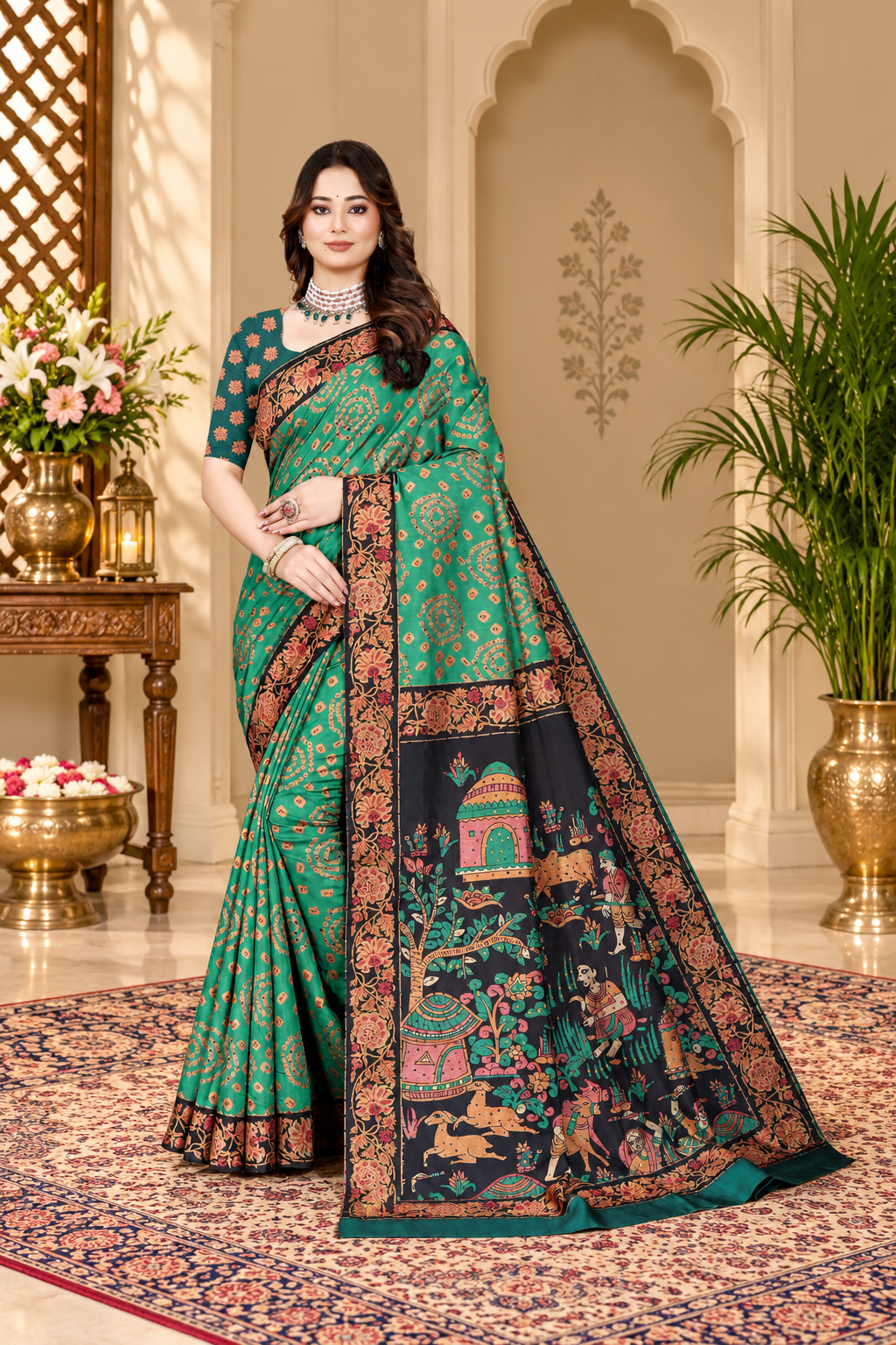 OWLSKY, SASSY & STYLO Women's Trendy Blended Silk Saree with Kalamkari Pallu & Designer Border | Festive Traditional Saree for Women | Traditional floral Motif | Saree With Unstitched Blouse Bottle Green