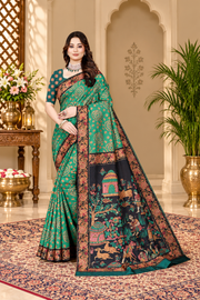 OWLSKY, SASSY & STYLO Women's Trendy Blended Silk Saree with Kalamkari Pallu & Designer Border | Festive Traditional Saree for Women | Traditional floral Motif | Saree With Unstitched Blouse Bottle Green