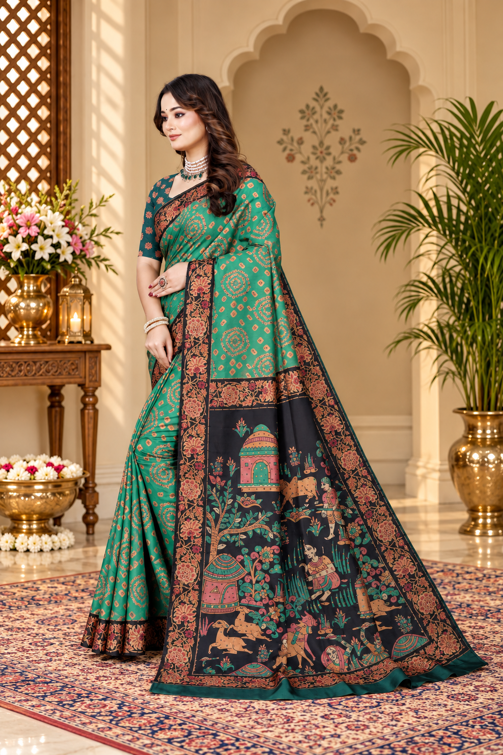 OWLSKY, SASSY & STYLO Women's Trendy Blended Silk Saree with Kalamkari Pallu & Designer Border | Festive Traditional Saree for Women | Traditional floral Motif | Saree With Unstitched Blouse Bottle Green