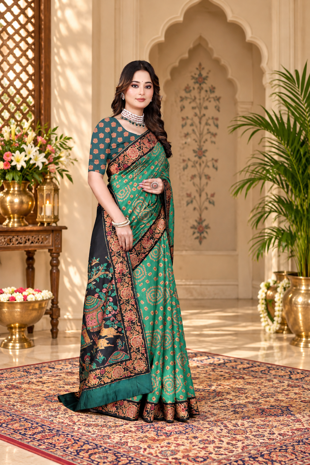 OWLSKY, SASSY & STYLO Women's Trendy Blended Silk Saree with Kalamkari Pallu & Designer Border | Festive Traditional Saree for Women | Traditional floral Motif | Saree With Unstitched Blouse Bottle Green