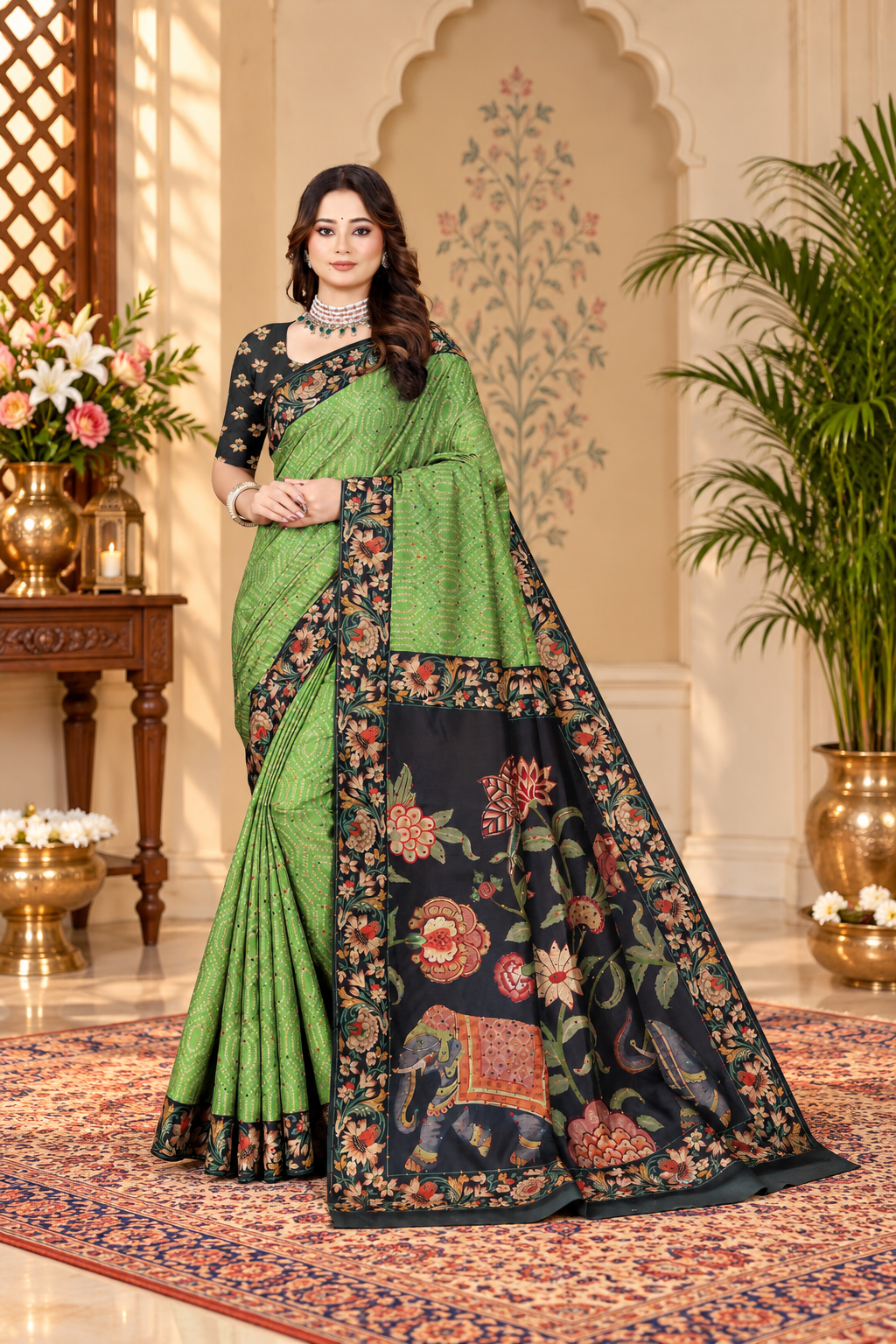 OWLSKY, SASSY & STYLO Women's Trendy Blended Silk Saree with Kalamkari Pallu & Designer Border | Festive Traditional Saree for Women | Traditional floral Motif | Saree With Unstitched Blouse Parrot Green