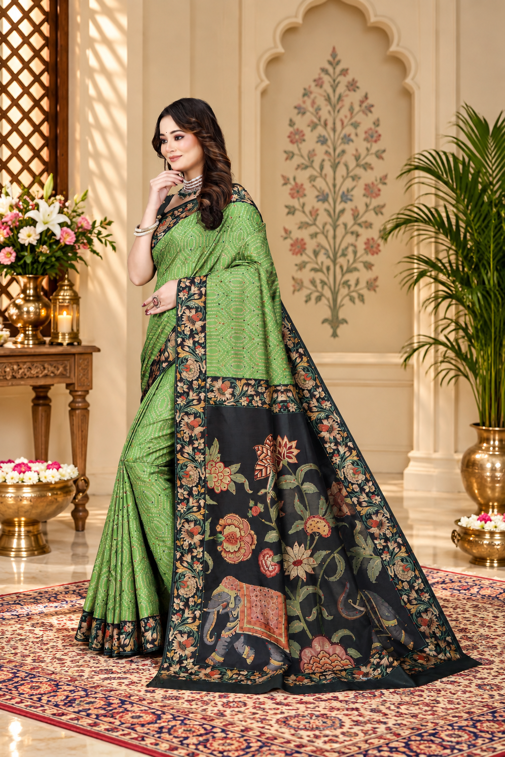 OWLSKY, SASSY & STYLO Women's Trendy Blended Silk Saree with Kalamkari Pallu & Designer Border | Festive Traditional Saree for Women | Traditional floral Motif | Saree With Unstitched Blouse Parrot Green