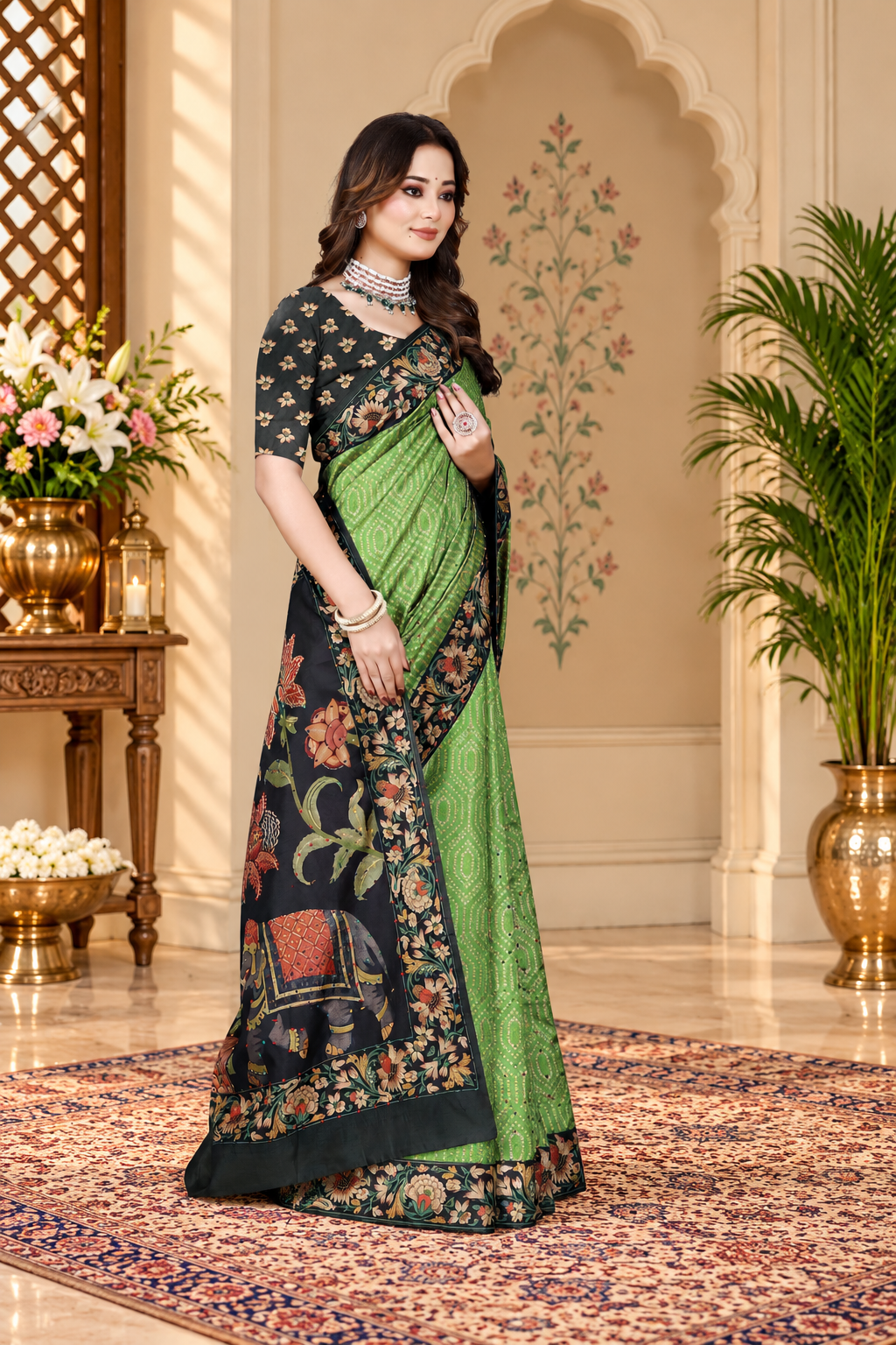 OWLSKY, SASSY & STYLO Women's Trendy Blended Silk Saree with Kalamkari Pallu & Designer Border | Festive Traditional Saree for Women | Traditional floral Motif | Saree With Unstitched Blouse Parrot Green