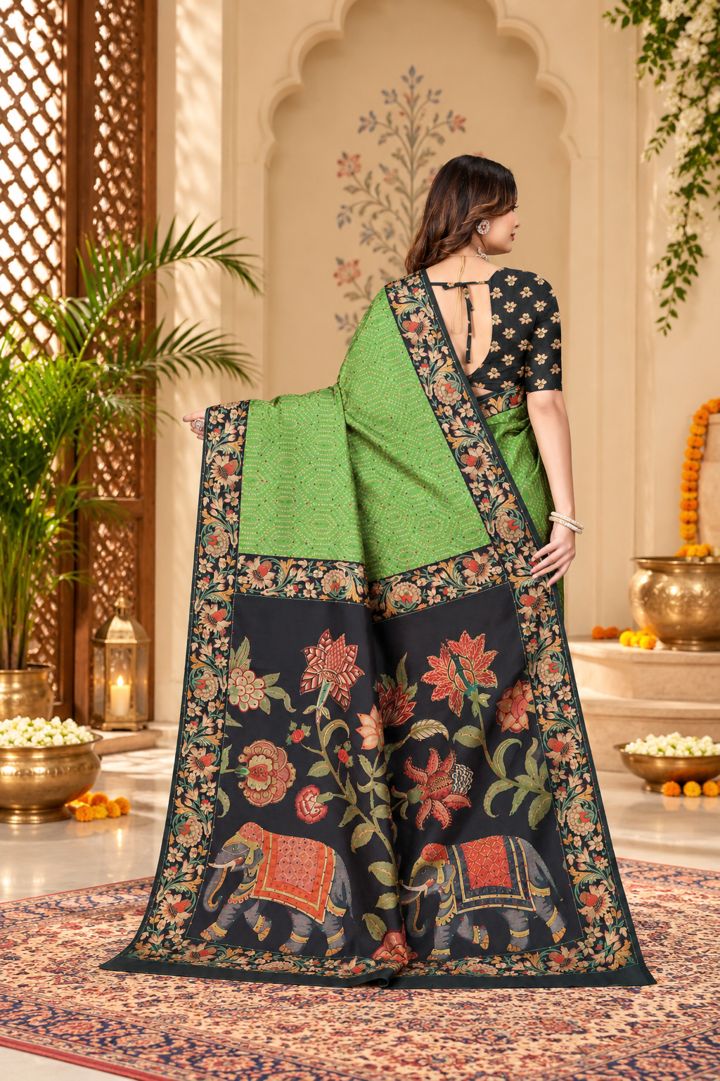 OWLSKY, SASSY & STYLO Women's Trendy Blended Silk Saree with Kalamkari Pallu & Designer Border | Festive Traditional Saree for Women | Traditional floral Motif | Saree With Unstitched Blouse Parrot Green