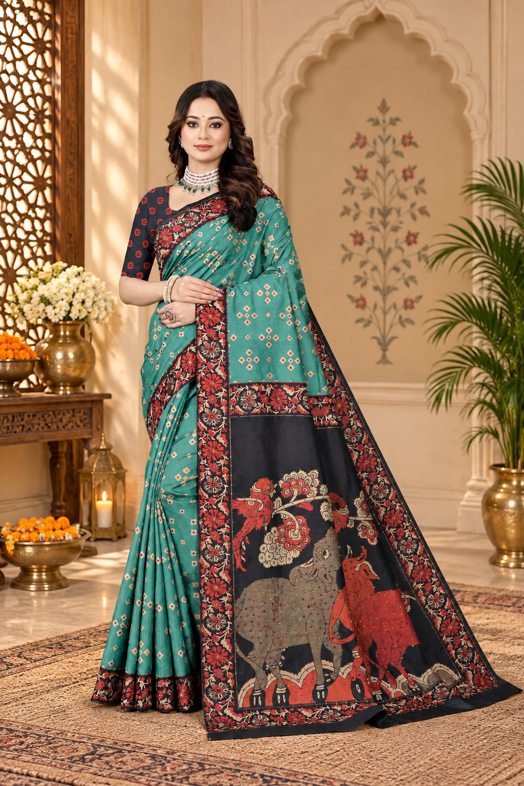 OWLSKY, SASSY & STYLO Women's Trendy Blended Silk Saree with Kalamkari Pallu & Designer Border | Festive Traditional Saree for Women | Traditional floral Motif | Saree With Unstitched Blouse Blue