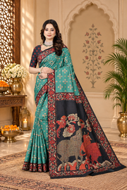 OWLSKY, SASSY & STYLO Women's Trendy Blended Silk Saree with Kalamkari Pallu & Designer Border | Festive Traditional Saree for Women | Traditional floral Motif | Saree With Unstitched Blouse Blue