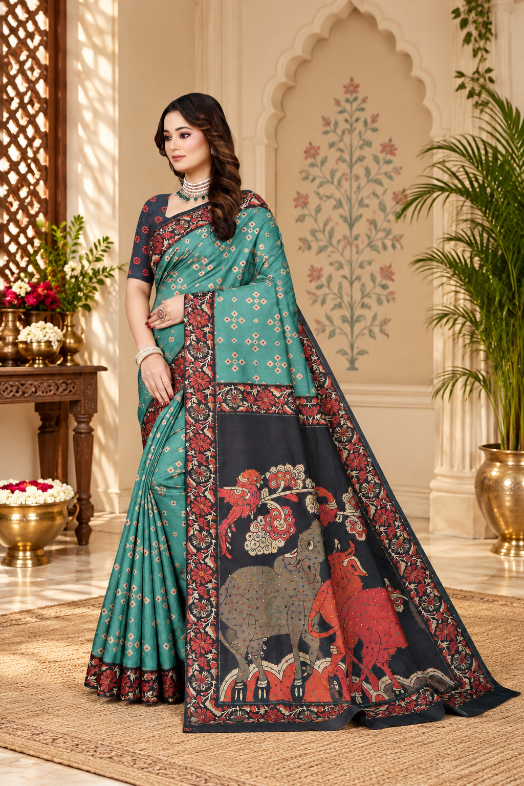 OWLSKY, SASSY & STYLO Women's Trendy Blended Silk Saree with Kalamkari Pallu & Designer Border | Festive Traditional Saree for Women | Traditional floral Motif | Saree With Unstitched Blouse Blue