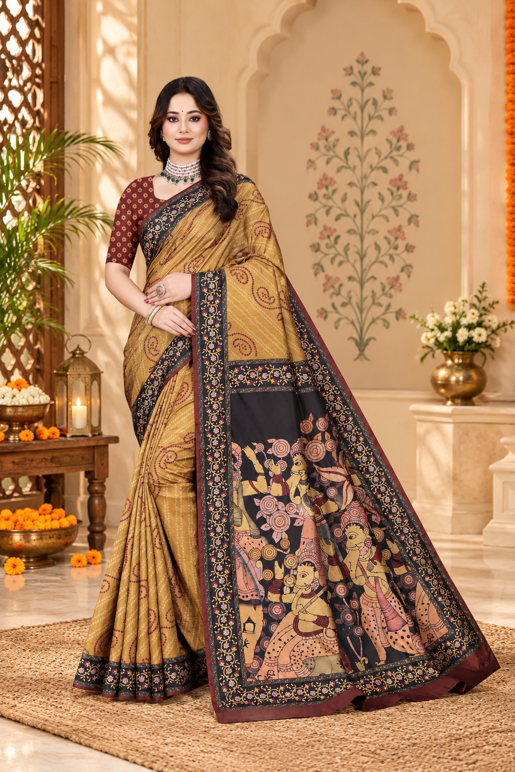 OWLSKY, SASSY & STYLO Women's Trendy Blended Silk Saree with Kalamkari Pallu & Designer Border | Festive Traditional Saree for Women | Traditional floral Motif | Saree With Unstitched Blouse Gold