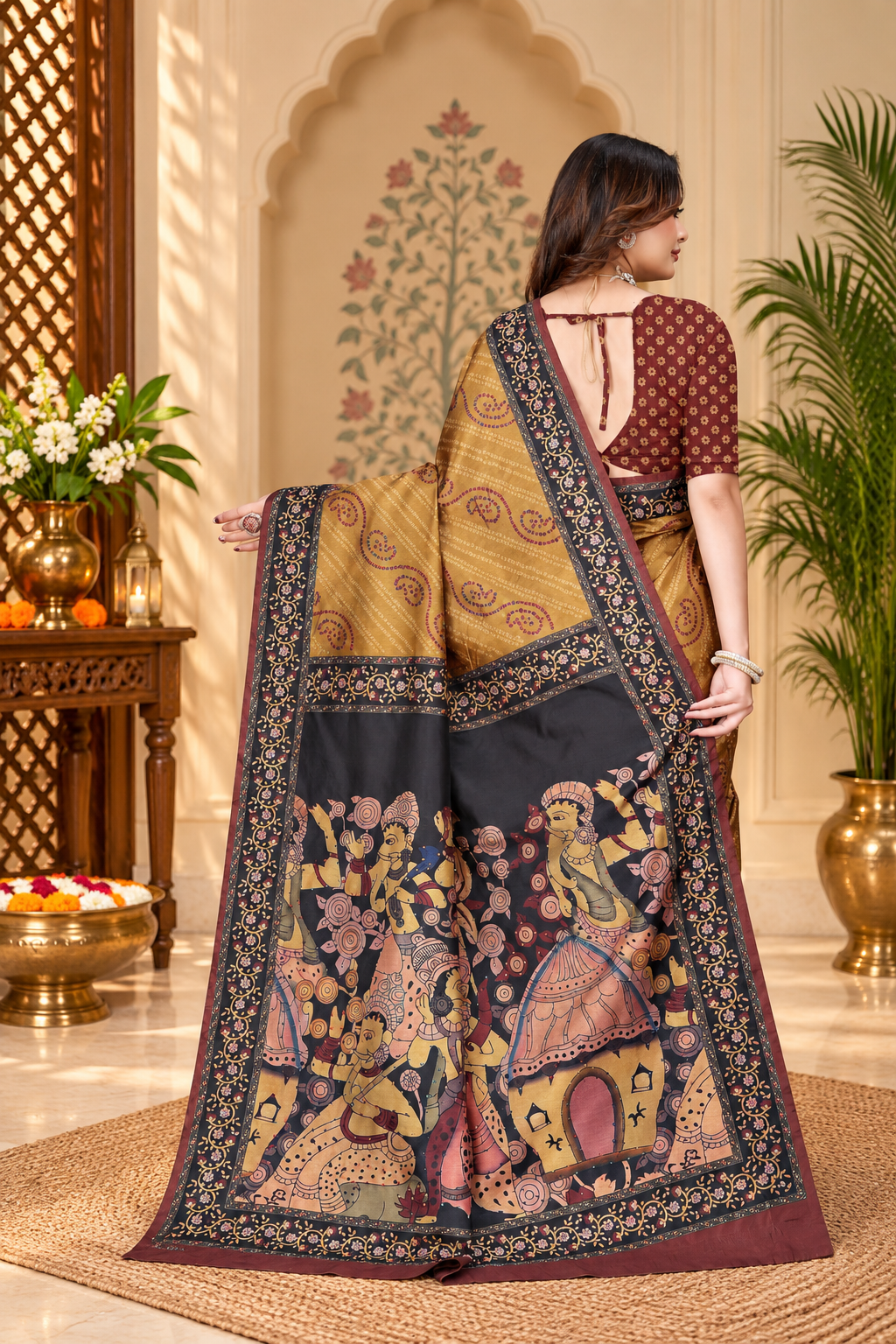 OWLSKY, SASSY & STYLO Women's Trendy Blended Silk Saree with Kalamkari Pallu & Designer Border | Festive Traditional Saree for Women | Traditional floral Motif | Saree With Unstitched Blouse Gold