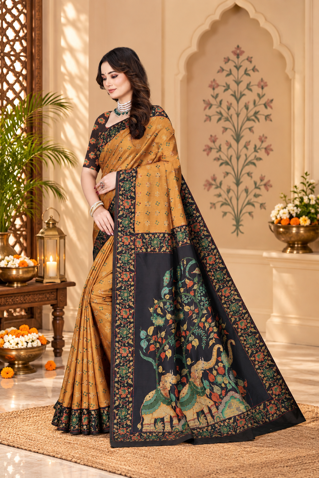 OWLSKY, SASSY & STYLO Women's Trendy Blended Silk Saree with Kalamkari Pallu & Designer Border | Festive Traditional Saree for Women | Traditional floral Motif | Saree With Unstitched Blouse Yellow