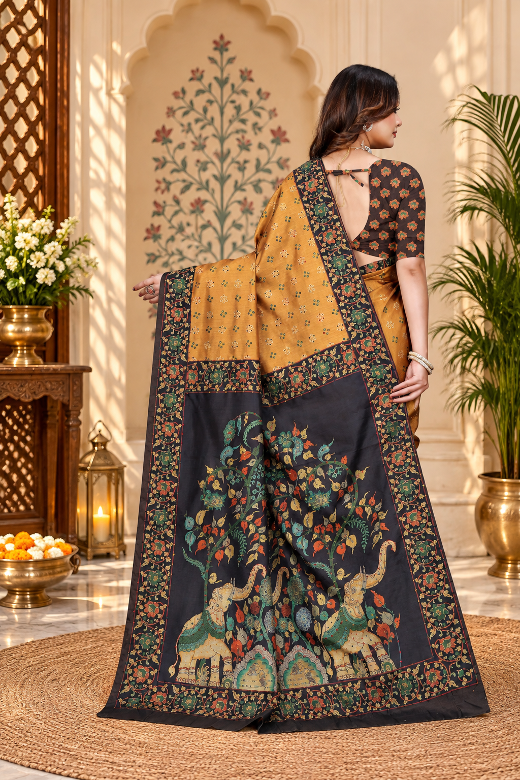 OWLSKY, SASSY & STYLO Women's Trendy Blended Silk Saree with Kalamkari Pallu & Designer Border | Festive Traditional Saree for Women | Traditional floral Motif | Saree With Unstitched Blouse Yellow