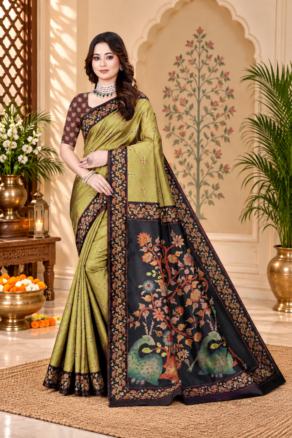 OWLSKY, SASSY & STYLO Women's Trendy Blended Silk Saree with Kalamkari Pallu & Designer Border | Festive Traditional Saree for Women | Traditional floral Motif | Saree With Unstiched Blouse Olive Green