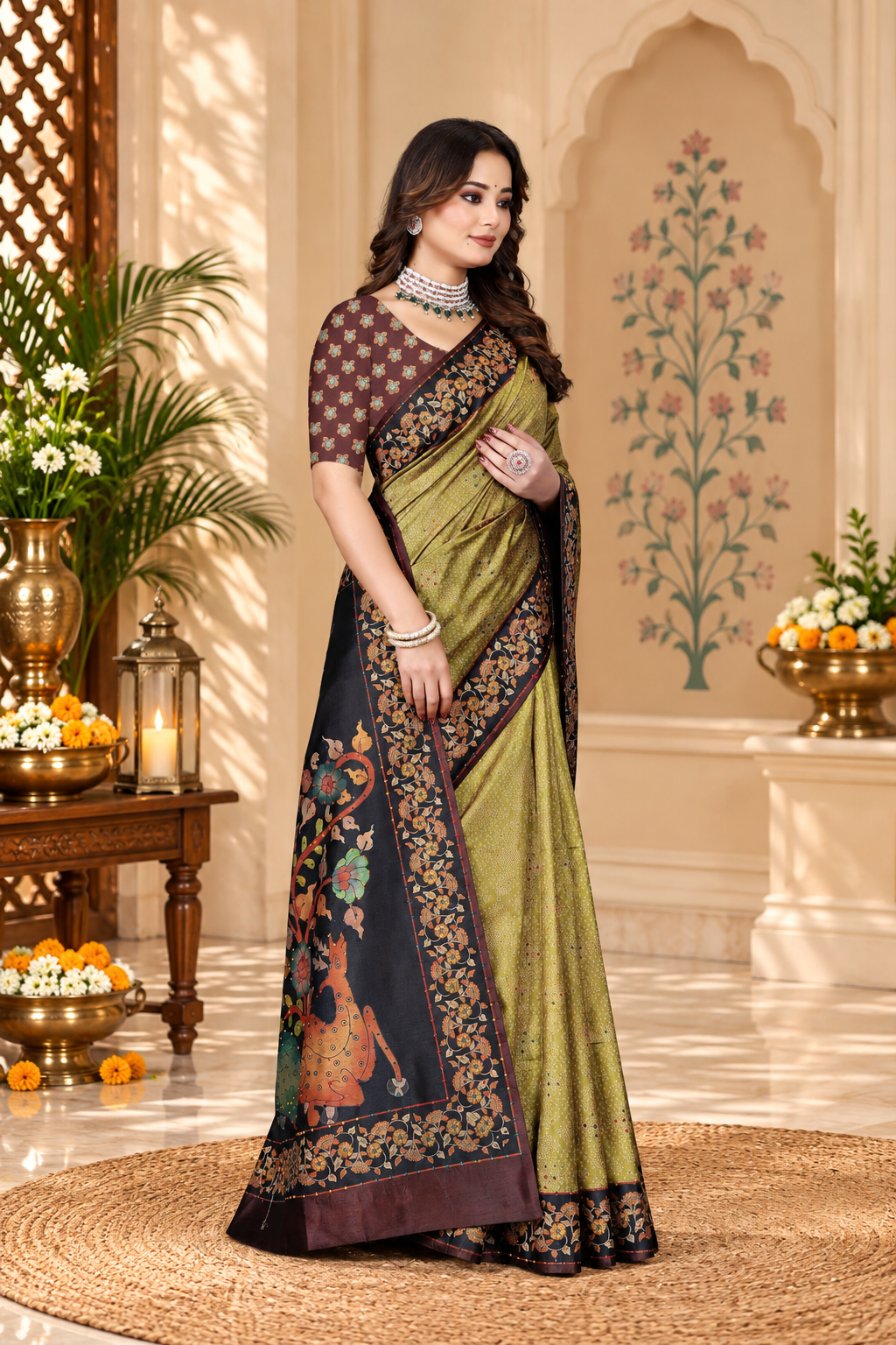 OWLSKY, SASSY & STYLO Women's Trendy Blended Silk Saree with Kalamkari Pallu & Designer Border | Festive Traditional Saree for Women | Traditional floral Motif | Saree With Unstiched Blouse Olive Green