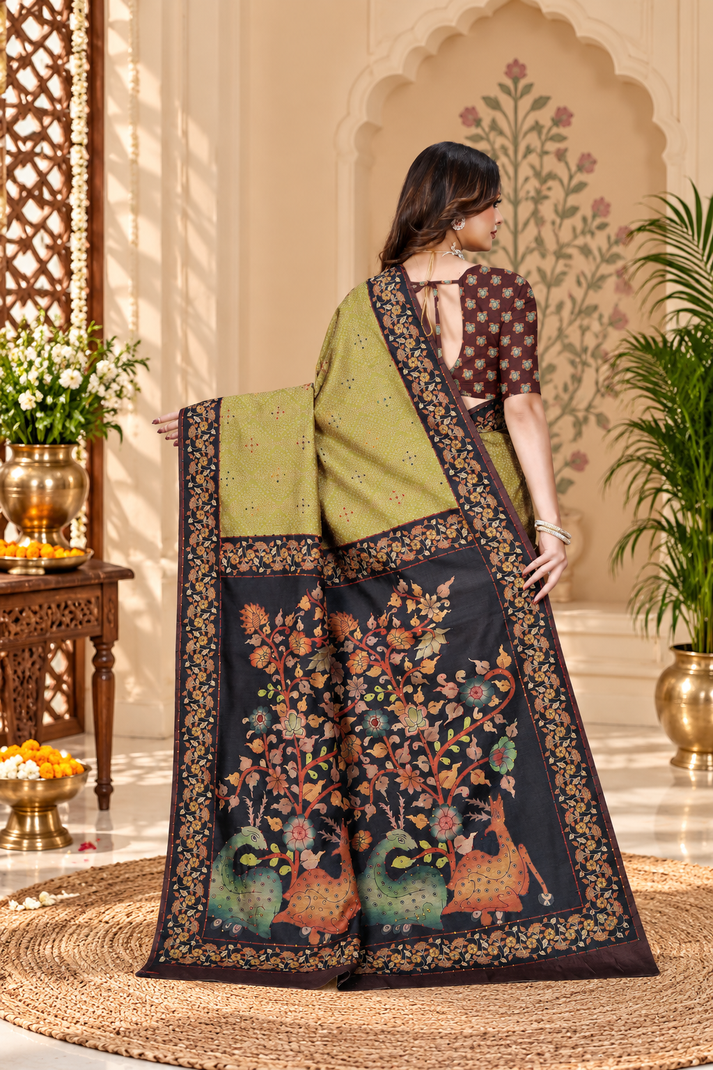 OWLSKY, SASSY & STYLO Women's Trendy Blended Silk Saree with Kalamkari Pallu & Designer Border | Festive Traditional Saree for Women | Traditional floral Motif | Saree With Unstiched Blouse Olive Green