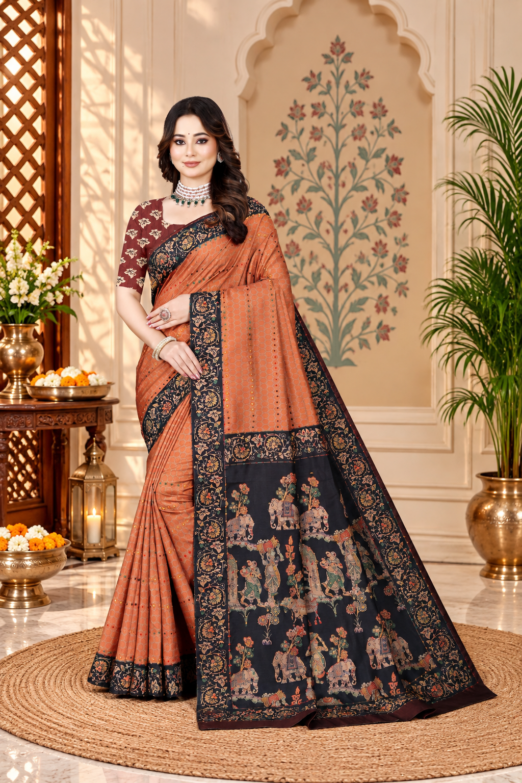 OWLSKY, SASSY & STYLO Women's Trendy Blended Silk Saree with Kalamkari Pallu & Designer Border | Festive Traditional Saree for Women | Traditional floral Motif | Saree With Unstiched Blouse Rust Orange