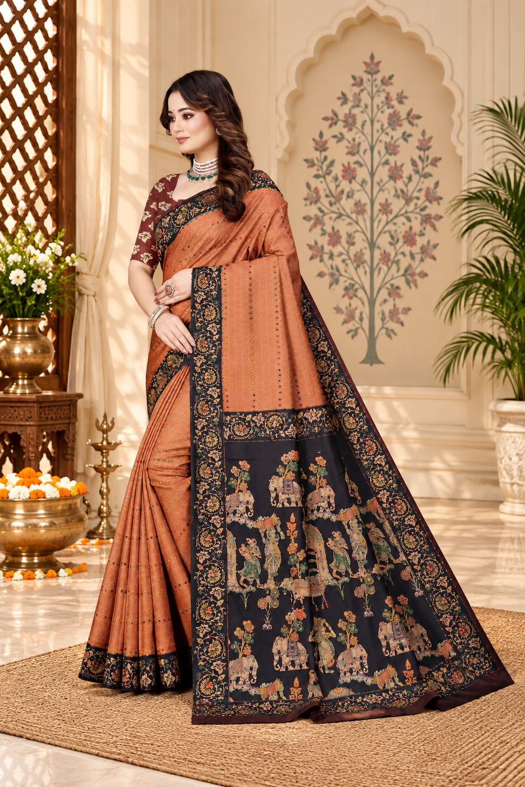 OWLSKY, SASSY & STYLO Women's Trendy Blended Silk Saree with Kalamkari Pallu & Designer Border | Festive Traditional Saree for Women | Traditional floral Motif | Saree With Unstiched Blouse Rust Orange