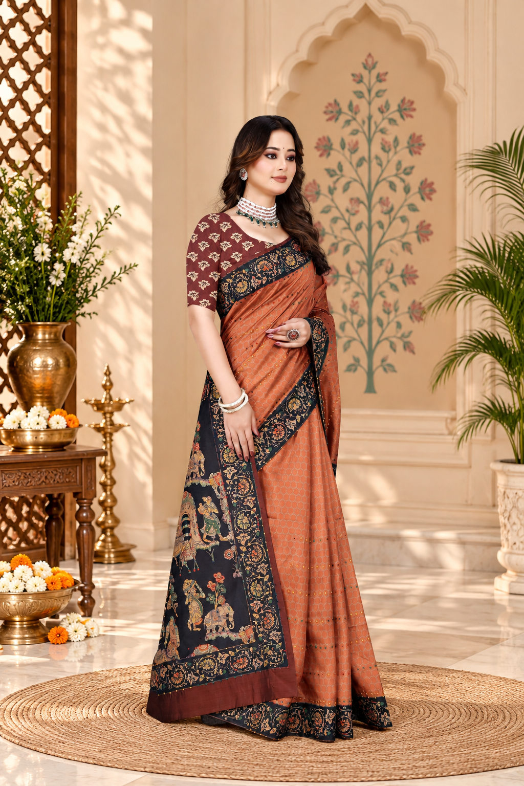 OWLSKY, SASSY & STYLO Women's Trendy Blended Silk Saree with Kalamkari Pallu & Designer Border | Festive Traditional Saree for Women | Traditional floral Motif | Saree With Unstiched Blouse Rust Orange