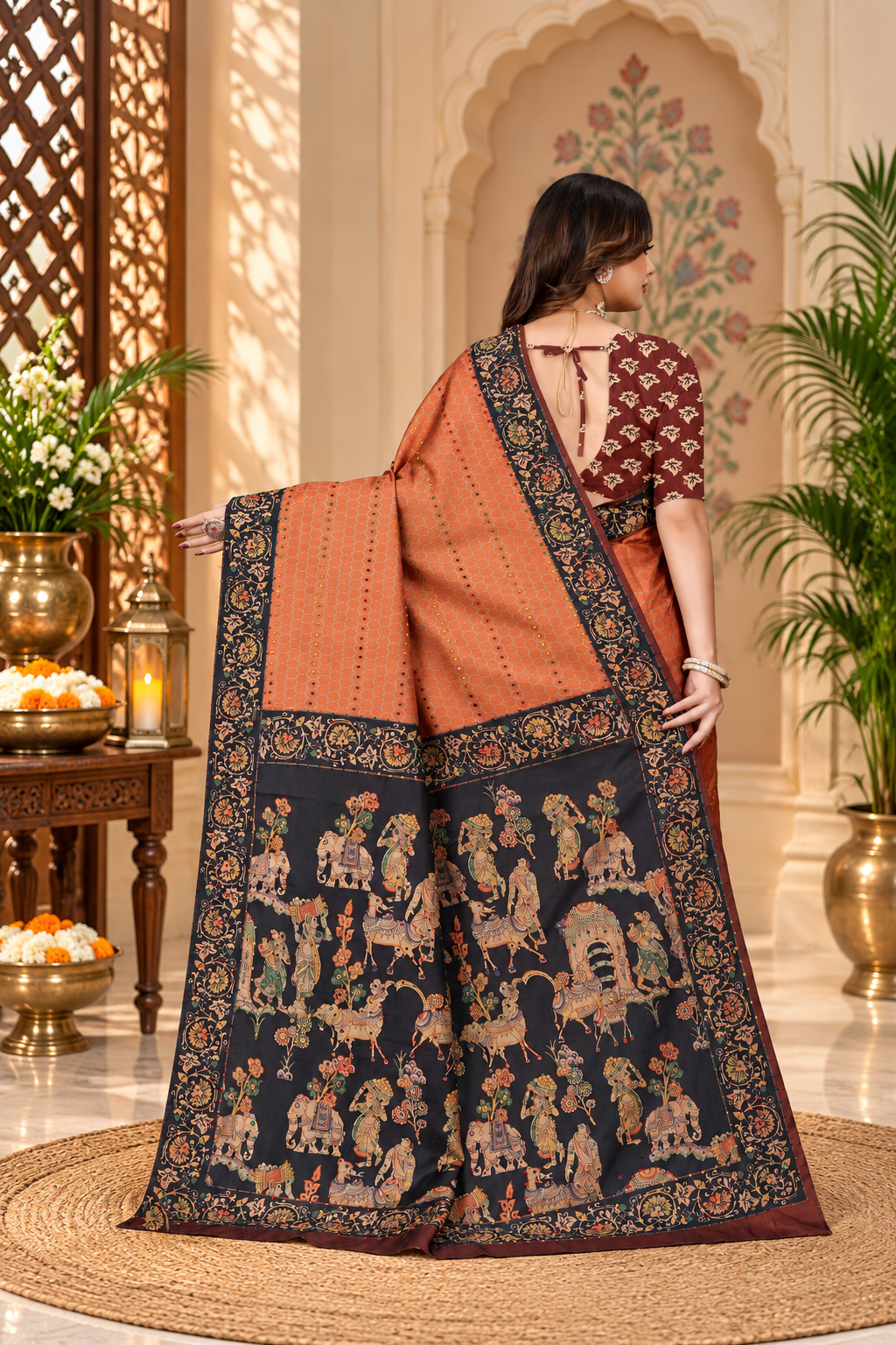 OWLSKY, SASSY & STYLO Women's Trendy Blended Silk Saree with Kalamkari Pallu & Designer Border | Festive Traditional Saree for Women | Traditional floral Motif | Saree With Unstiched Blouse Rust Orange