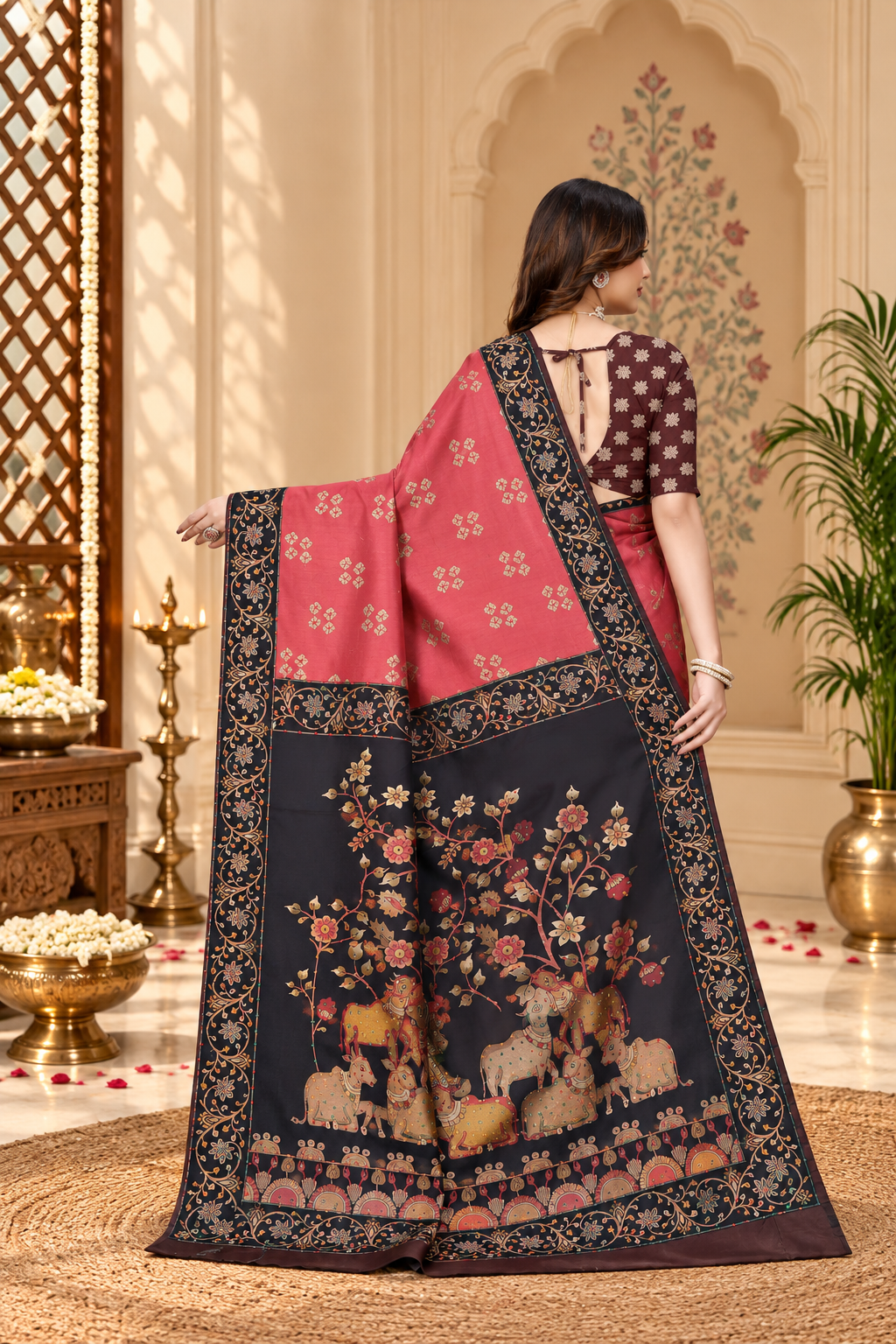 OWLSKY, SASSY & STYLO Women's Trendy Blended Silk Saree with Kalamkari Pallu & Designer Border | Festive Traditional Saree for Women | Traditional floral Motif | Saree With Unstiched Blouse Rani Pink