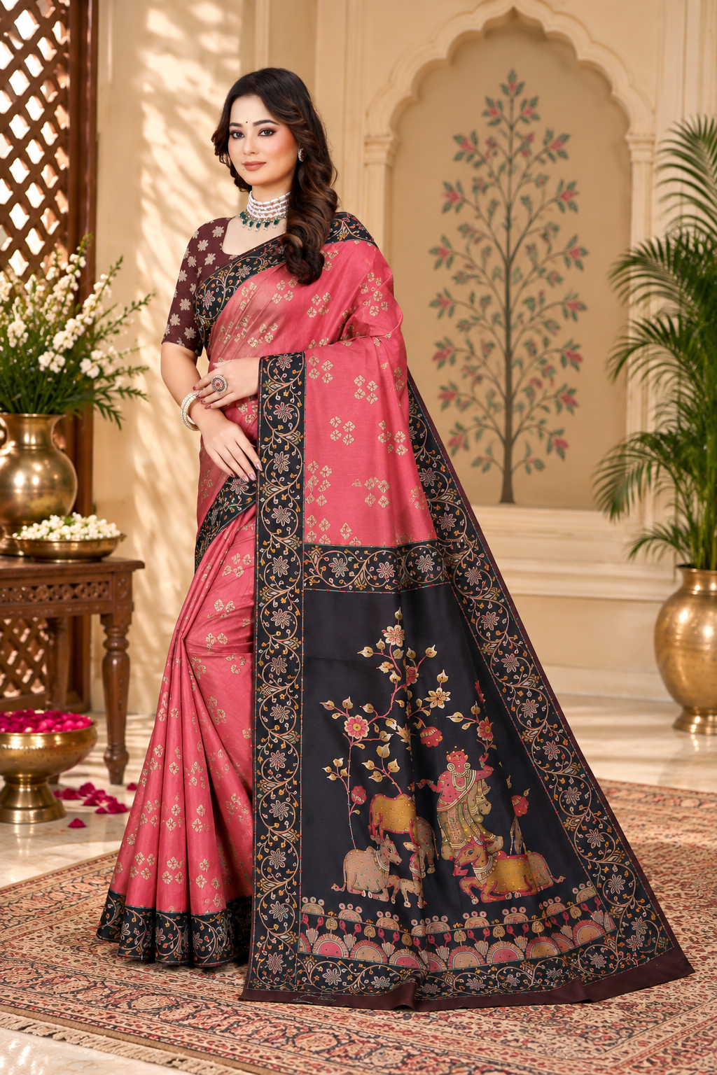 OWLSKY, SASSY & STYLO Women's Trendy Blended Silk Saree with Kalamkari Pallu & Designer Border | Festive Traditional Saree for Women | Traditional floral Motif | Saree With Unstiched Blouse Rani Pink