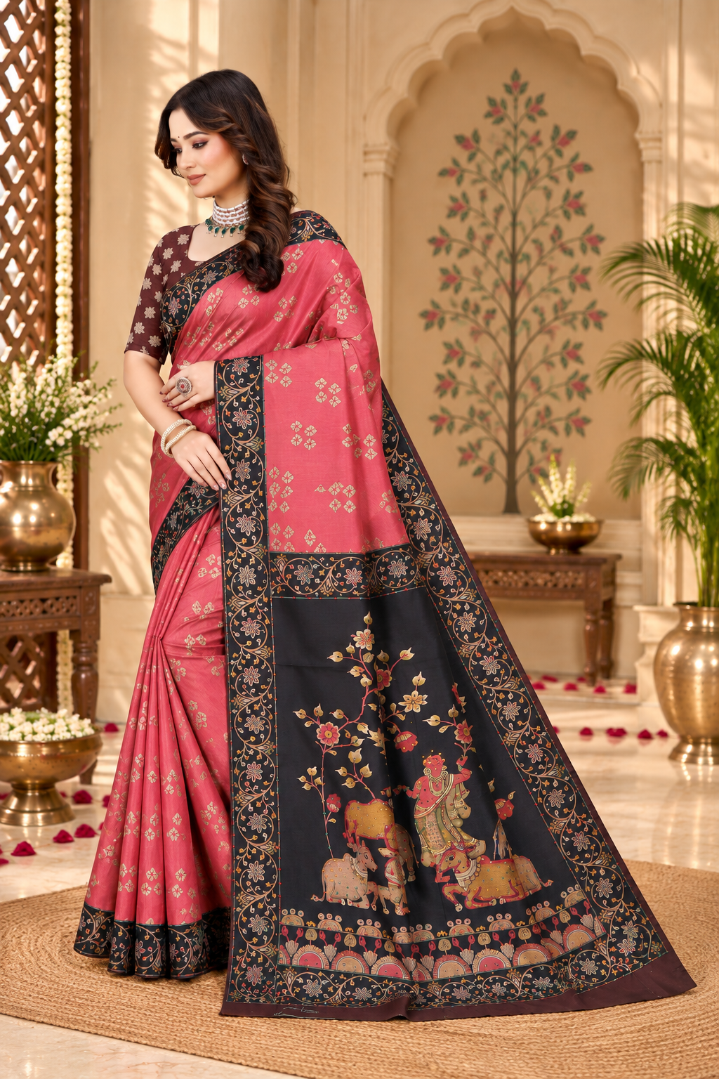 OWLSKY, SASSY & STYLO Women's Trendy Blended Silk Saree with Kalamkari Pallu & Designer Border | Festive Traditional Saree for Women | Traditional floral Motif | Saree With Unstiched Blouse Rani Pink