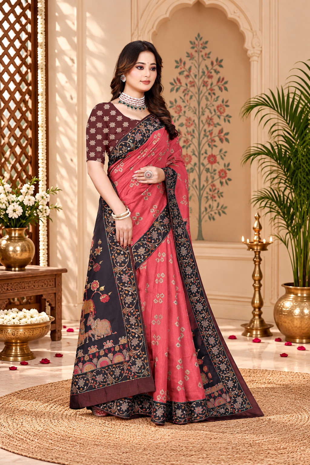 OWLSKY, SASSY & STYLO Women's Trendy Blended Silk Saree with Kalamkari Pallu & Designer Border | Festive Traditional Saree for Women | Traditional floral Motif | Saree With Unstiched Blouse Rani Pink