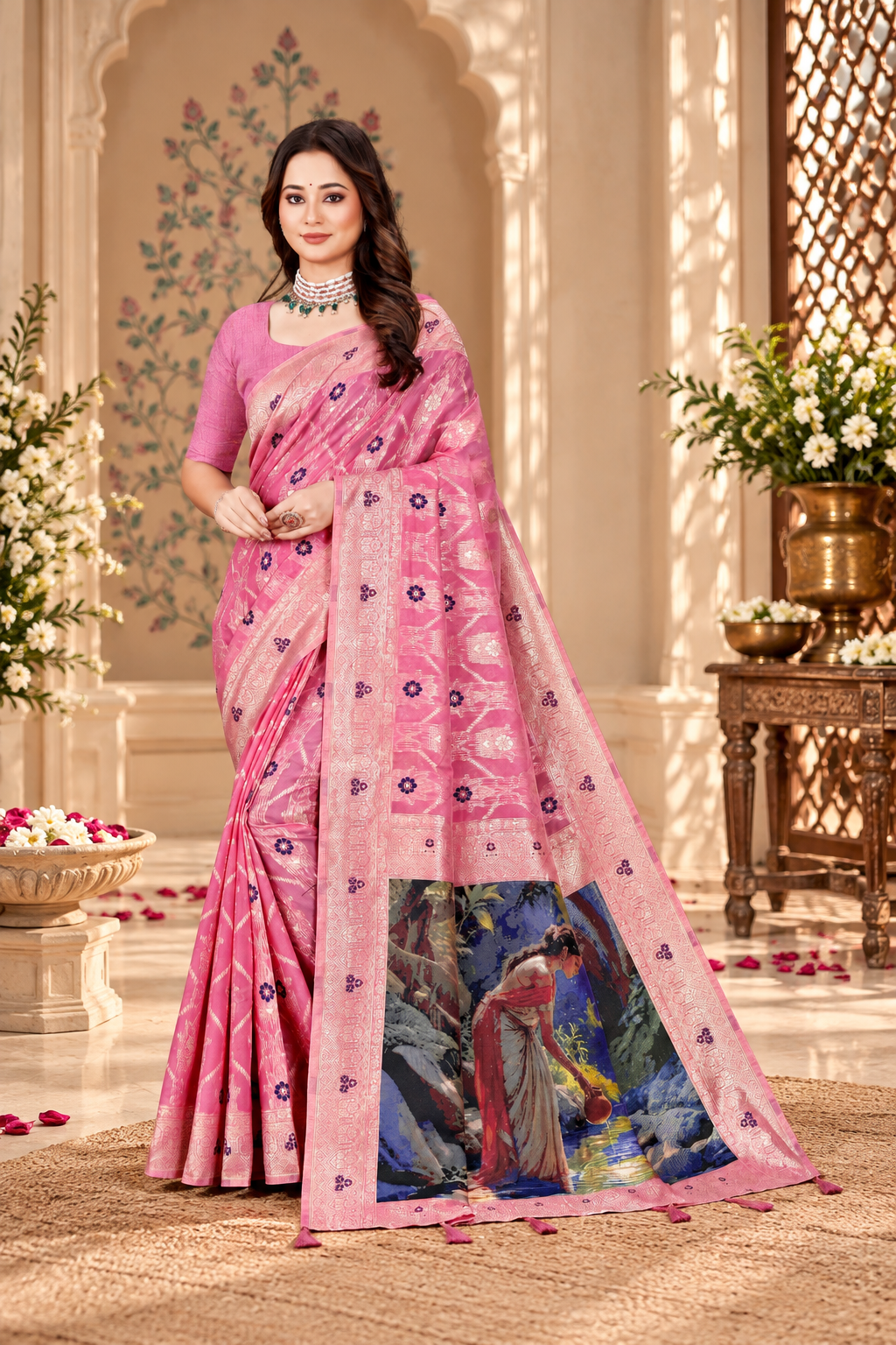 OWLSKY, SASSY & STYLO Jacquard Saree for Women | Elegant Weaving Work | Jacquard Silk Saree with Unstitched Blouse for Women | Unique Digital Pallu Art Rani Pink