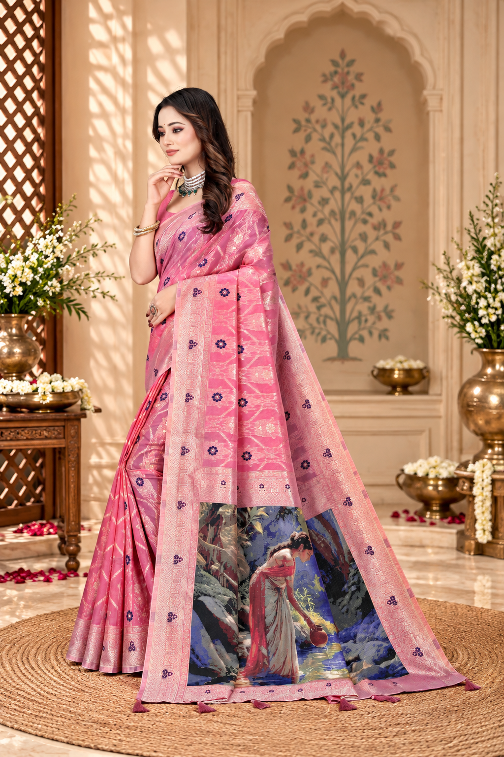 OWLSKY, SASSY & STYLO Jacquard Saree for Women | Elegant Weaving Work | Jacquard Silk Saree with Unstitched Blouse for Women | Unique Digital Pallu Art Rani Pink
