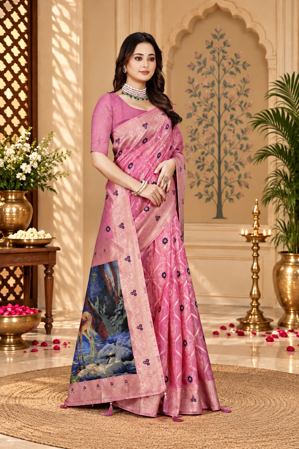 OWLSKY, SASSY & STYLO Jacquard Saree for Women | Elegant Weaving Work | Jacquard Silk Saree with Unstitched Blouse for Women | Unique Digital Pallu Art Rani Pink