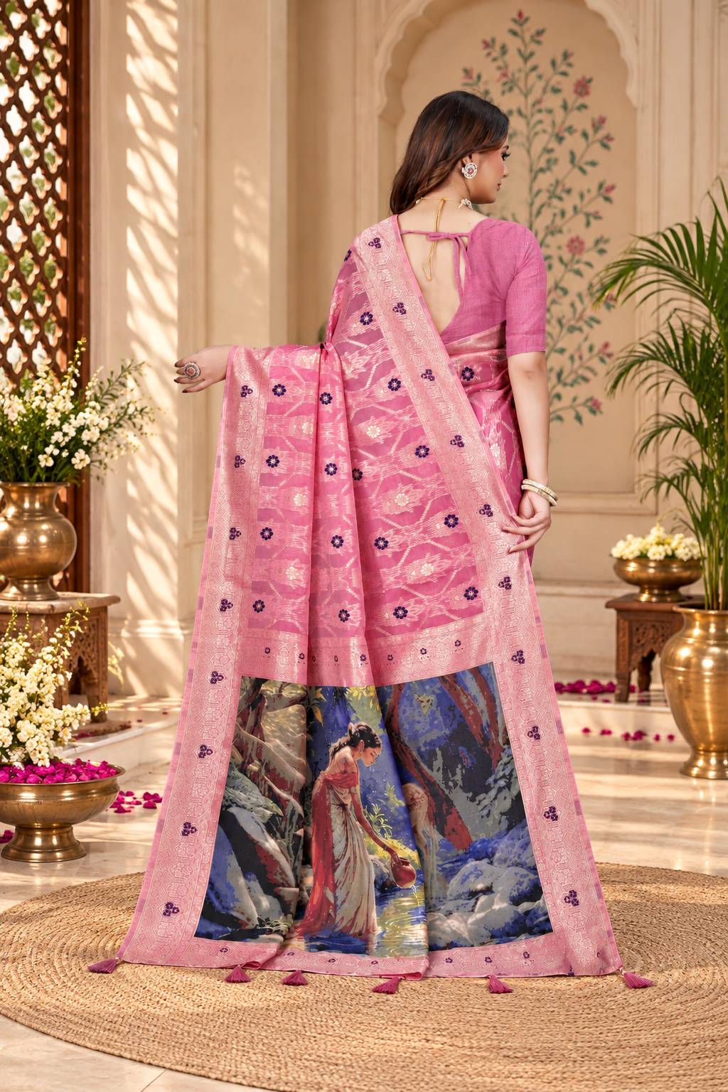 OWLSKY, SASSY & STYLO Jacquard Saree for Women | Elegant Weaving Work | Jacquard Silk Saree with Unstitched Blouse for Women | Unique Digital Pallu Art Rani Pink