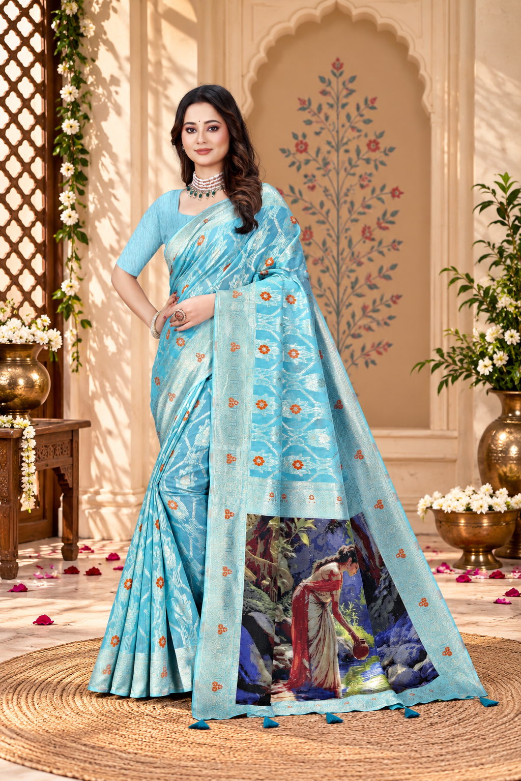 OWLSKY, SASSY & STYLO Jacquard Saree for Women | Elegant Weaving Work | Jacquard Silk Saree with Unstitched Blouse for Women | Unique Digital Pallu Art Yellow Sea Blue