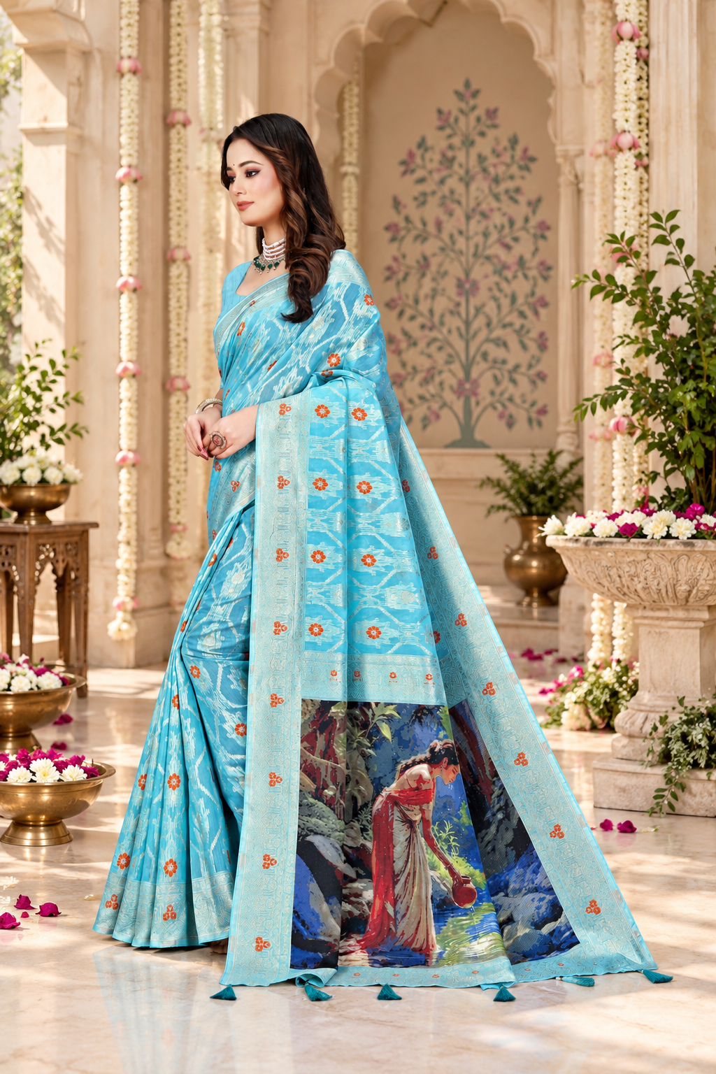 OWLSKY, SASSY & STYLO Jacquard Saree for Women | Elegant Weaving Work | Jacquard Silk Saree with Unstitched Blouse for Women | Unique Digital Pallu Art Yellow Sea Blue