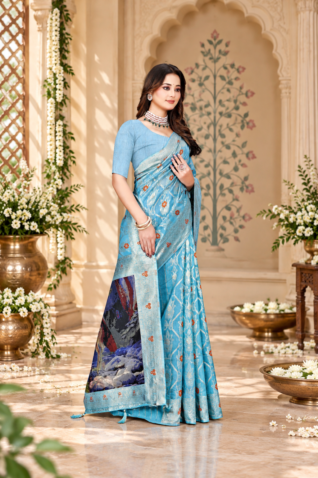 OWLSKY, SASSY & STYLO Jacquard Saree for Women | Elegant Weaving Work | Jacquard Silk Saree with Unstitched Blouse for Women | Unique Digital Pallu Art Yellow Sea Blue
