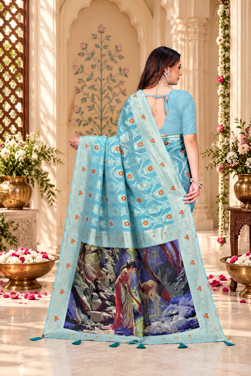 OWLSKY, SASSY & STYLO Jacquard Saree for Women | Elegant Weaving Work | Jacquard Silk Saree with Unstitched Blouse for Women | Unique Digital Pallu Art Yellow Sea Blue